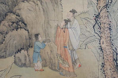 Ecole chinoise, sign&eacute; Hua Yan (1682-1756), encre et couleurs sur papier: 'Lettr&eacute;s dans un for&ecirc;t montagneux'