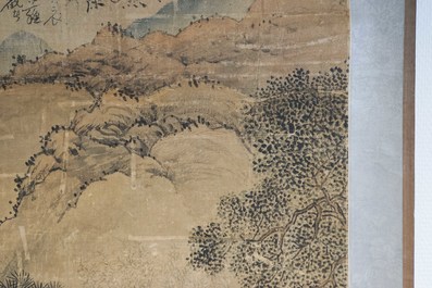 Chinese school, signed Hua Yan (1682-1756), ink and colour on paper: 'Scholars in a mountain forest'