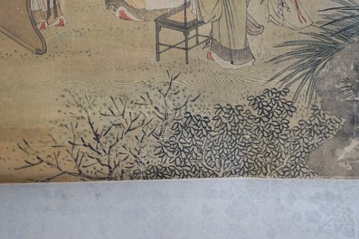 Chinese school, signed Hua Yan (1682-1756), ink and colour on paper: 'Scholars in a mountain forest'