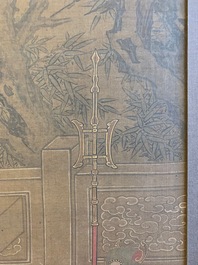 Chinese school, naar Su Hanchen (1094-1172), inkt en kleur op zijde: dame met kinderen bij een vissenkom