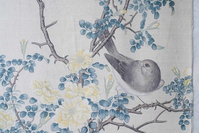 Chinese school, 19e eeuw, inkt en kleur op zijde: 'vogels bij bloesemtakken'