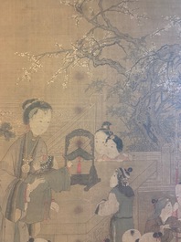 Chinese school, naar Su Hanchen (1094-1172), inkt en kleur op zijde: dame met kinderen bij een vissenkom