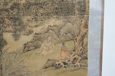Chinese school, signed Hua Yan (1682-1756), ink and colour on paper: 'Scholars in a mountain forest'
