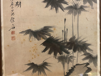 Chinese school, gesign. Su Liupeng (1791-1862), inkt en kleur op papier: 'Twee wijzen bij een rots'