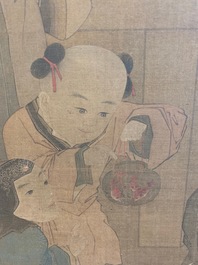 Chinese school, naar Su Hanchen (1094-1172), inkt en kleur op zijde: dame met kinderen bij een vissenkom