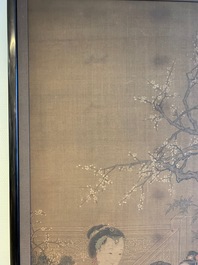 Chinese school, naar Su Hanchen (1094-1172), inkt en kleur op zijde: dame met kinderen bij een vissenkom