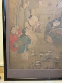 Chinese school, naar Su Hanchen (1094-1172), inkt en kleur op zijde: dame met kinderen bij een vissenkom