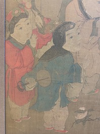 Chinese school, naar Su Hanchen (1094-1172), inkt en kleur op zijde: dame met kinderen bij een vissenkom