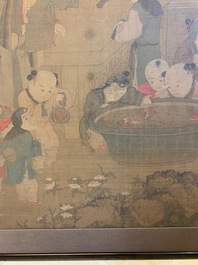 Ecole chinoise, d'apr&egrave;s Su Hanchen (1094-1172), encre et couleurs sur soie: dame et enfants autour d'un aquarium