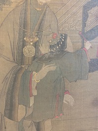 Chinese school, naar Su Hanchen (1094-1172), inkt en kleur op zijde: dame met kinderen bij een vissenkom