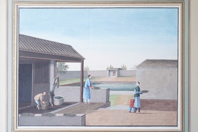 Chinese school, Canton, watercolour on paper, 19th C.: Four tea production scenes