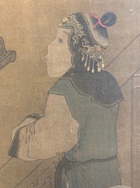 Chinese school, naar Su Hanchen (1094-1172), inkt en kleur op zijde: dame met kinderen bij een vissenkom