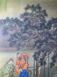 Ecole chinoise, 18/19&egrave;me, encre et couleurs sur soie: 'personnages aupr&egrave;s d'une pagode'