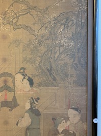 Chinese school, naar Su Hanchen (1094-1172), inkt en kleur op zijde: dame met kinderen bij een vissenkom