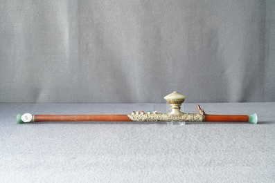 A Chinese jade and semi-precious stones inlaid bamboo opium pipe, 19th C.