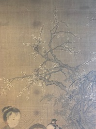 Chinese school, naar Su Hanchen (1094-1172), inkt en kleur op zijde: dame met kinderen bij een vissenkom