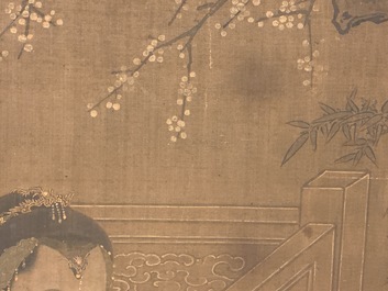 Chinese school, naar Su Hanchen (1094-1172), inkt en kleur op zijde: dame met kinderen bij een vissenkom