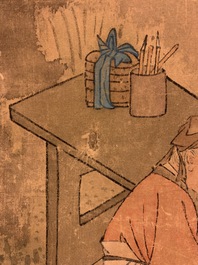 Chinese school, signed Hua Yan (1682-1756), ink and colour on paper: 'Scholars in a mountain forest'