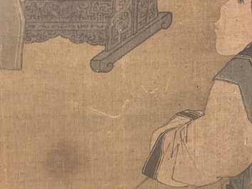 Chinese school, after Su Hanchen (1094-1172), ink and colour on silk: a lady and children near a fish bowl