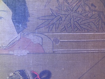 Chinese school, naar Su Hanchen (1094-1172), inkt en kleur op zijde: dame met kinderen bij een vissenkom