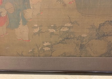 Chinese school, naar Su Hanchen (1094-1172), inkt en kleur op zijde: dame met kinderen bij een vissenkom