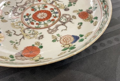 Five Chinese famille verte and doucai plates, Kangxi