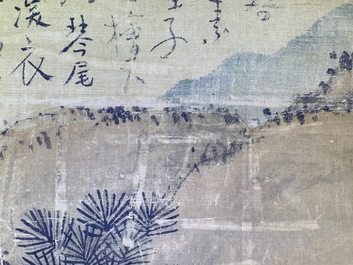 Chinese school, signed Hua Yan (1682-1756), ink and colour on paper: 'Scholars in a mountain forest'