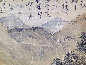 Chinese school, signed Hua Yan (1682-1756), ink and colour on paper: 'Scholars in a mountain forest'