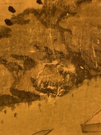 Chinese school, signed Hua Yan (1682-1756), ink and colour on paper: 'Scholars in a mountain forest'