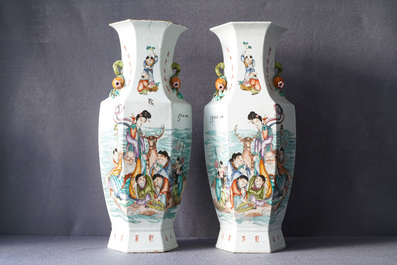 A pair of Chinese hexagonal qianjiang cai 'immortals' vases, signed Wang Qi, dated 1918