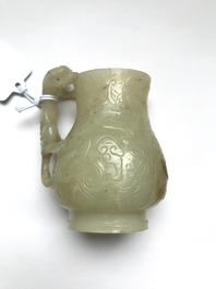 A Chinese celadon russet jade chilong-handled jug, Qing