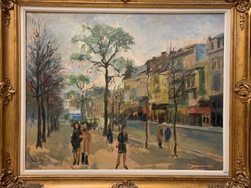 Sadji (Sha Qi, Sha Yinnian) (1914-2005): Vue sur 'Avenue de la Toison d'or' &agrave; Bruxelles, huile sur toile