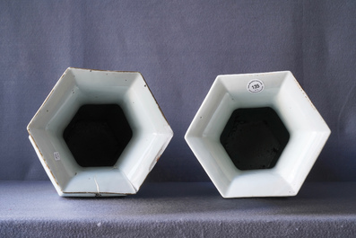 A pair of Chinese hexagonal qianjiang cai 'immortals' vases, signed Wang Qi, dated 1918