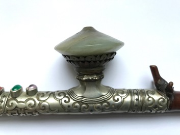 A Chinese jade and semi-precious stones inlaid bamboo opium pipe, 19th C.