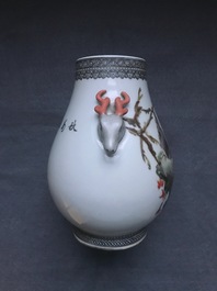 A Chinese polychrome hu vase with birds, signed Cheng Yiting (1885-1948), dated 1936