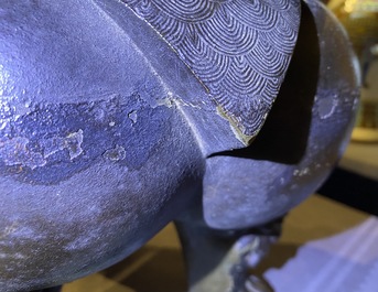 A large Chinese bronze incense burner and cover on carved wooden stand, Ming