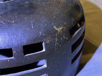 A large Chinese bronze incense burner and cover on carved wooden stand, Ming