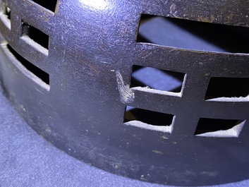 A large Chinese bronze incense burner and cover on carved wooden stand, Ming