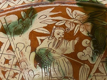 A Chinese sancai-glazed stoneware basin, late Ming