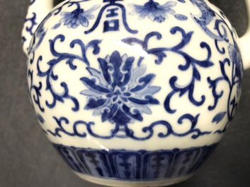 A Chinese blue and white 'bats and shou' jug, 19th C.