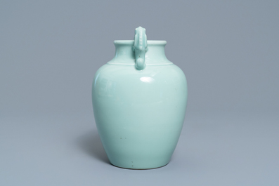 A Chinese monochrome dragon-handled celadon vase, Qianlong mark, 19/20th C.