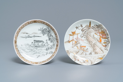 Two fine Chinese grisaille and iron red eggshell saucers, Yongzheng