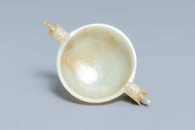 A Chinese pale celadon and russet jade two-handled bowl, prob. Ming