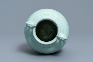 A Chinese monochrome dragon-handled celadon vase, Qianlong mark, 19/20th C.