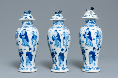A Chinese blue and white five-piece garniture, Kangxi mark, 19th C.