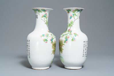 A pair of Chinese qianjiang cai vases with quails near bamboo, 19/20th C.