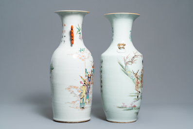 Twee Chinese qianjiang cai en famille rose vazen, 19/20e eeuw