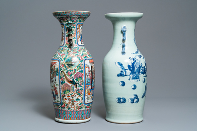 Een Chinese famille rose en een blauw-witte celadon vaas, 19e eeuw