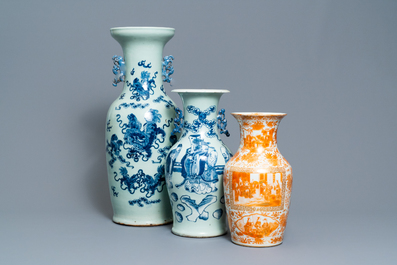 Two Chinese celadon-ground vases and an iron red and gilt vase, 19th C.