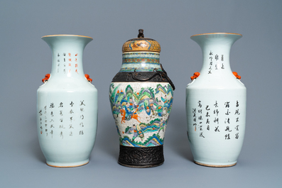 Two Chinese qianjiang cai vases and a famille verte vase, 19/20th C.